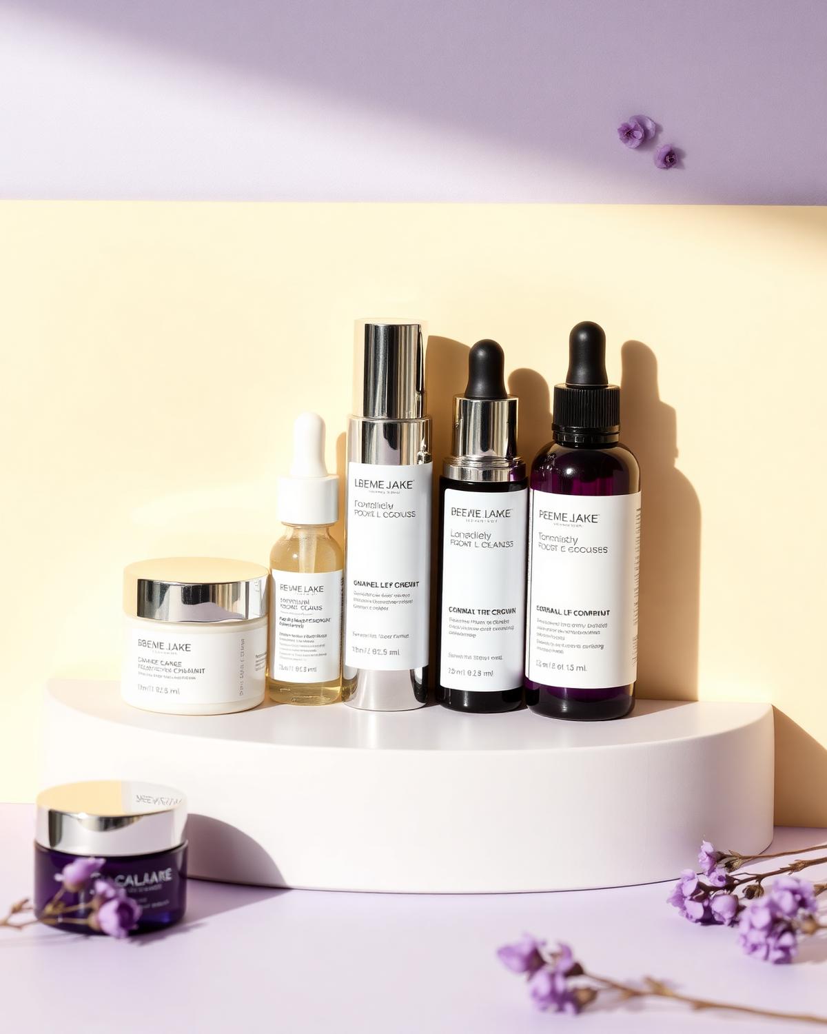 Skincare bottles, serums and body creams on a lavender and cream backdrop