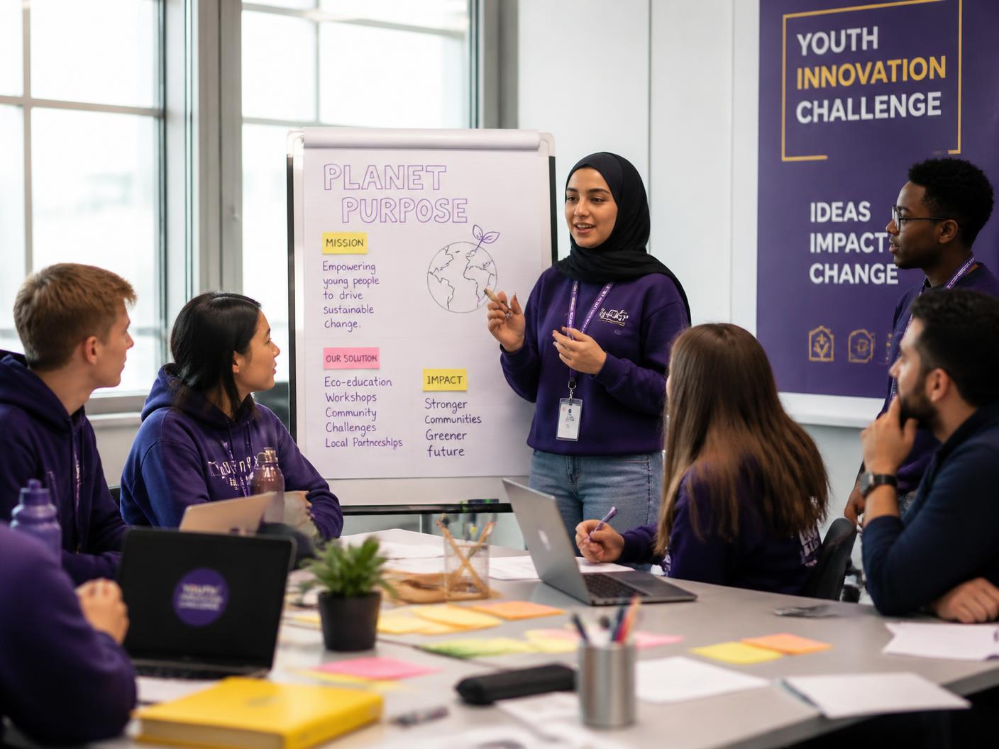 A diverse group of teenagers presenting a business idea at a Konke Sphere Boot Camp competition