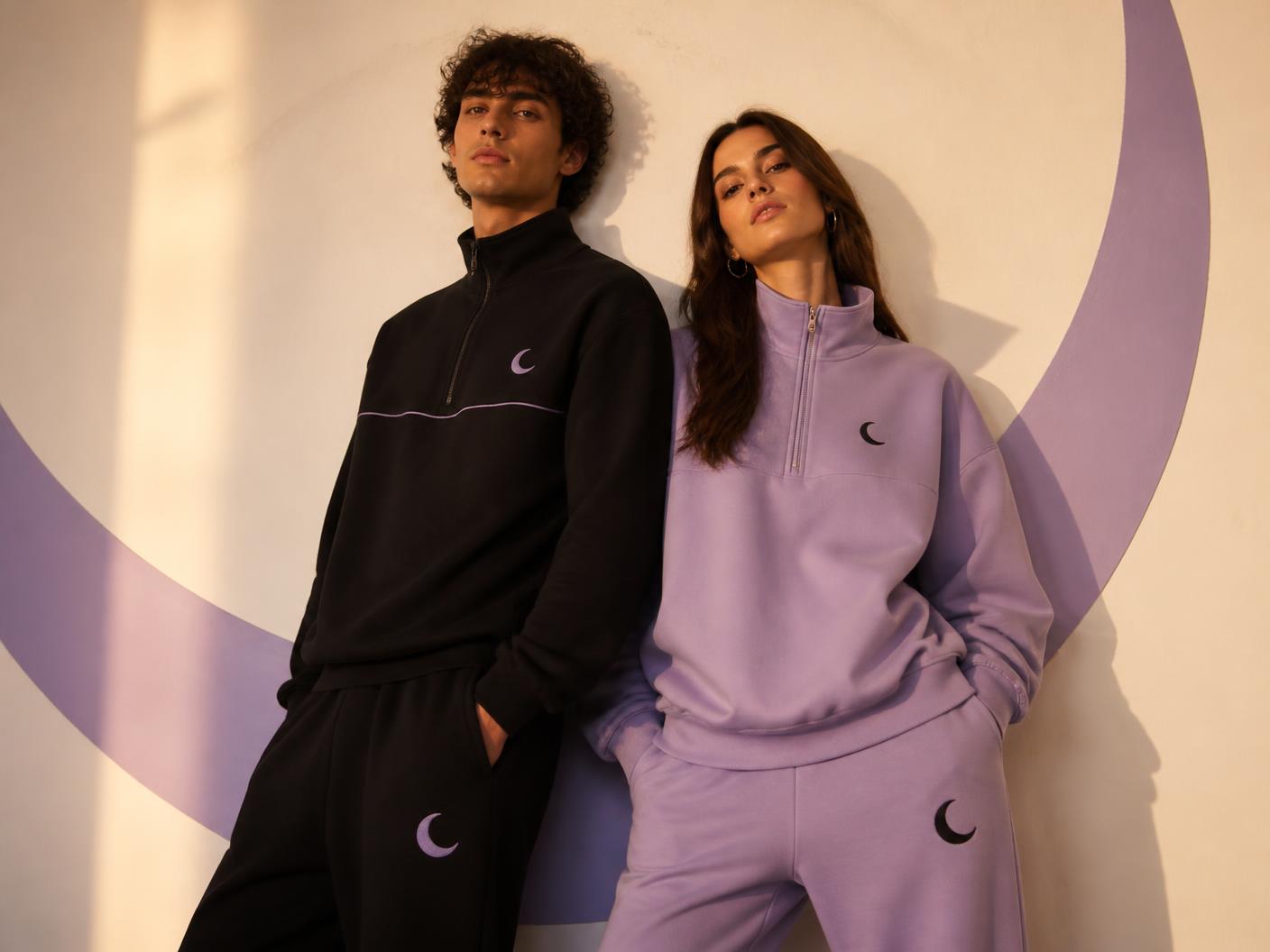Gi fashion campaign — models in black and lavender tracksuits
