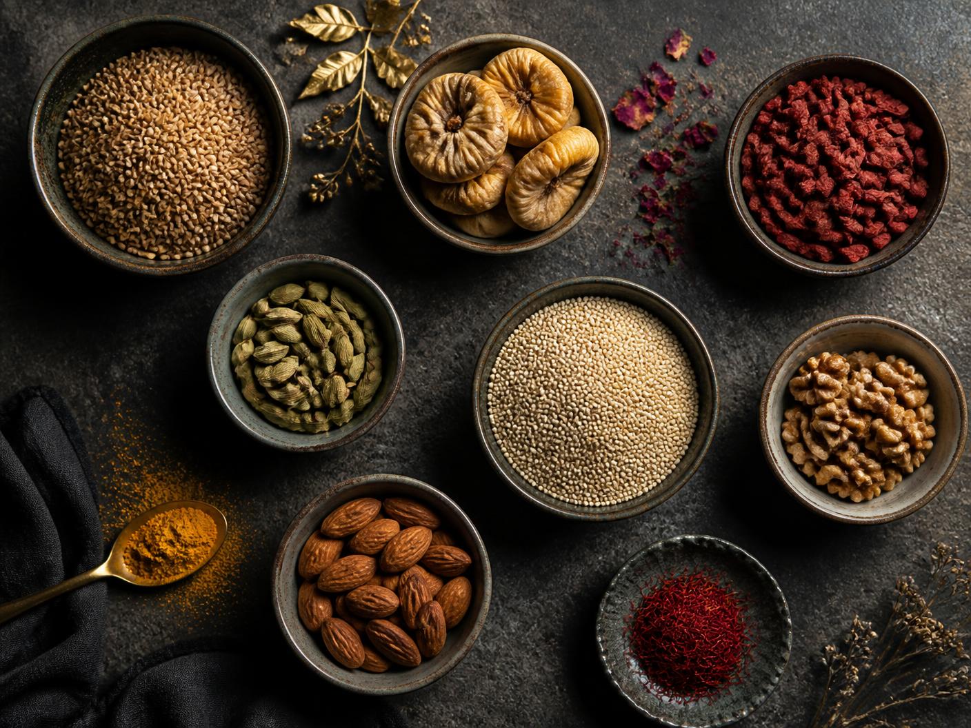 Ladha food and agriculture produce styled in ceramic bowls