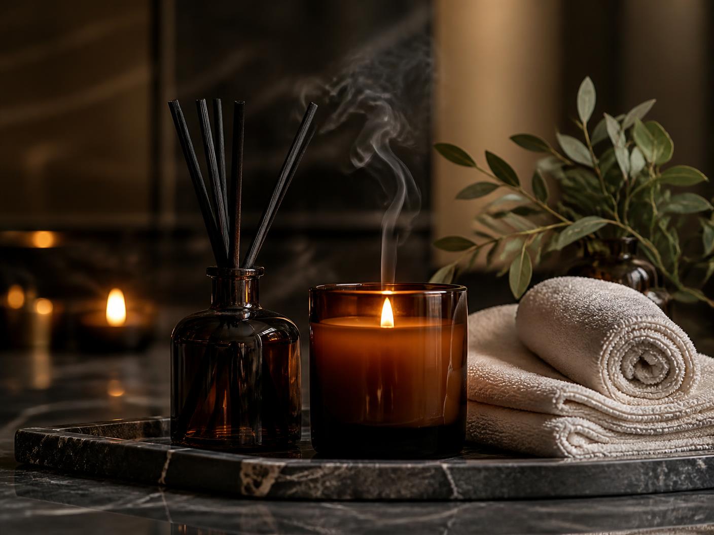 Lenko hospitality — candle, diffuser and linen on dark marble