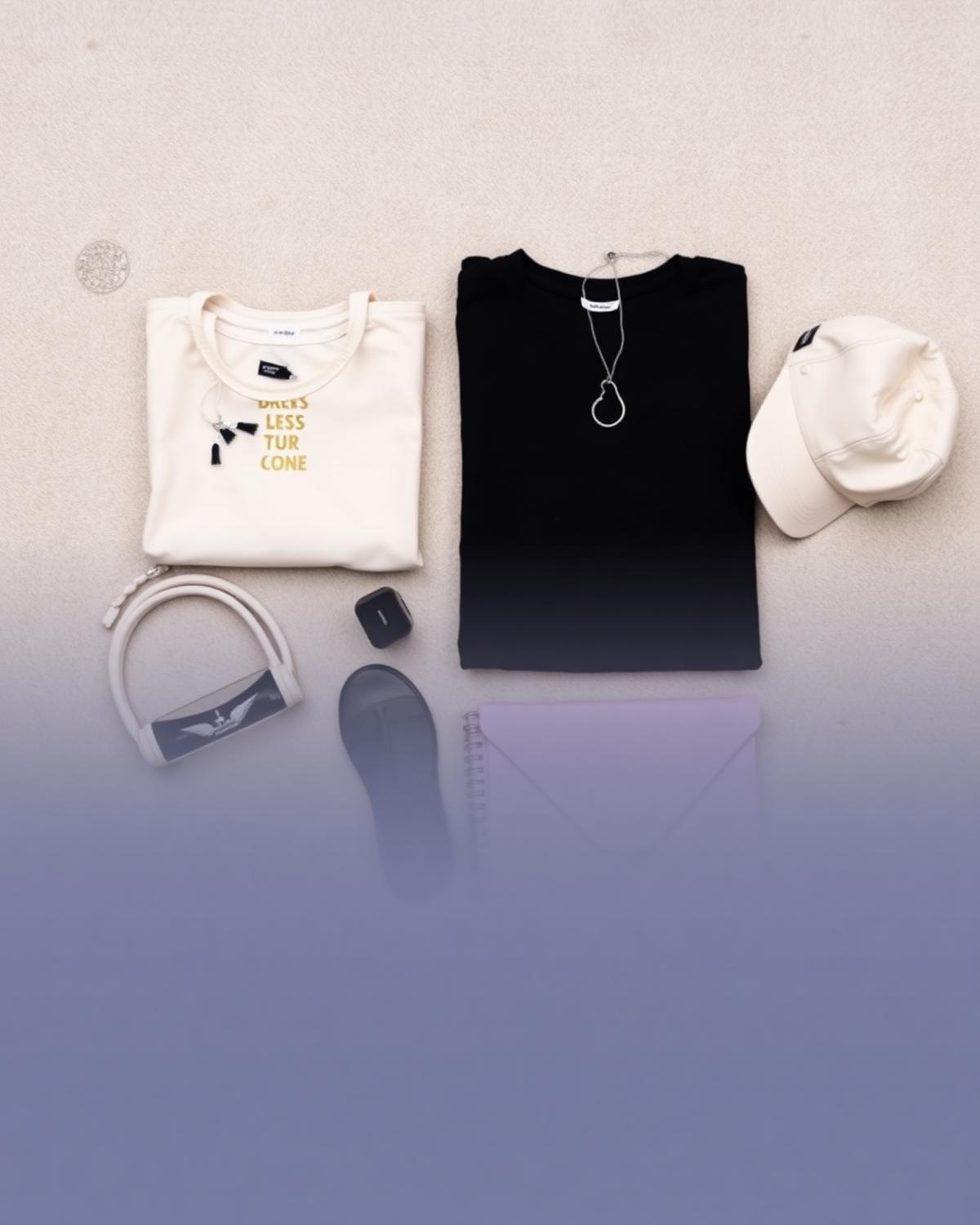 Folded apparel, tote bag and cap in black, cream and lavender tones