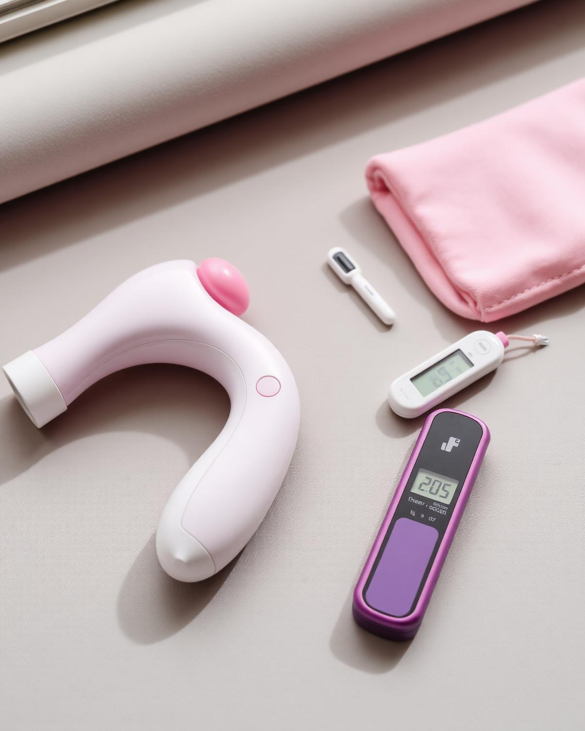 Handheld massager, thermometer and wellness accessories on a soft grey surface