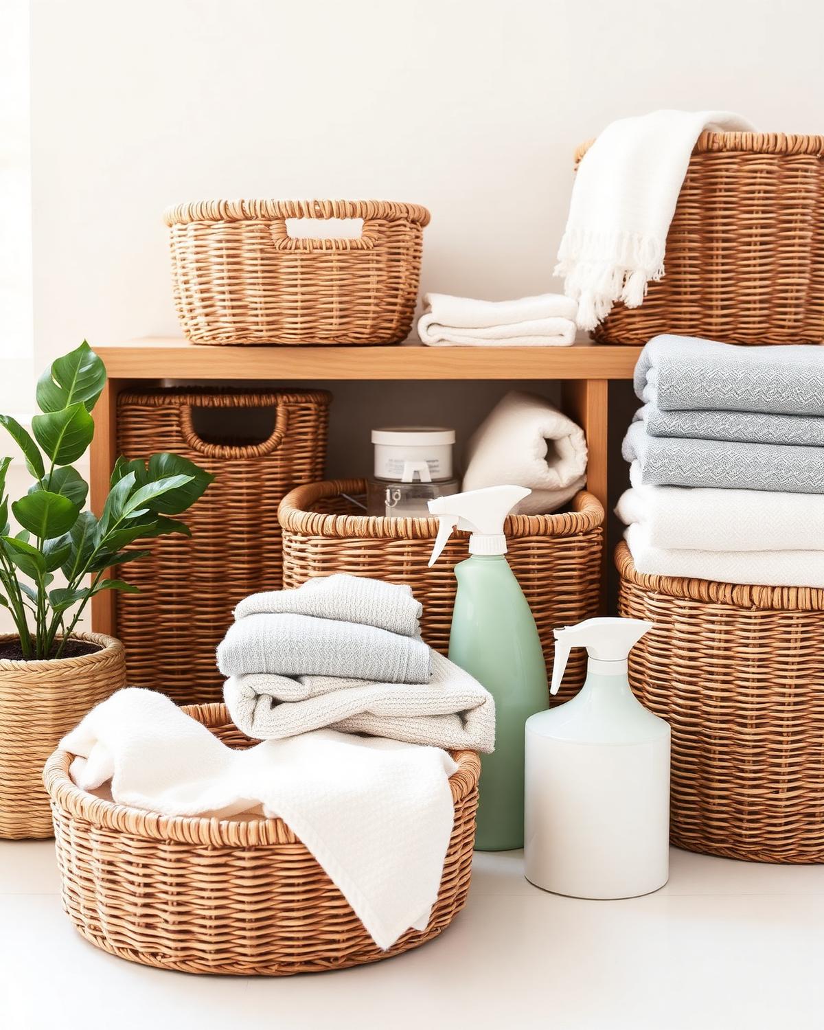 Woven storage baskets, folded linens and home cleaning products