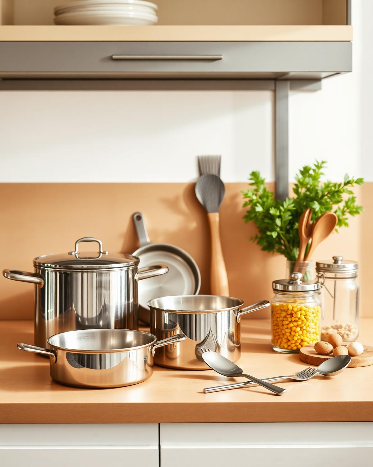 Stainless steel cookware, utensils and storage jars on a kitchen counter