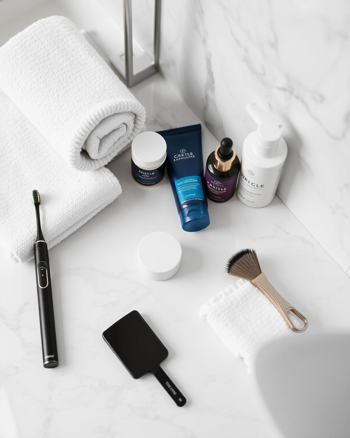 Electric toothbrush, grooming tools and toiletries on a marble bathroom surface