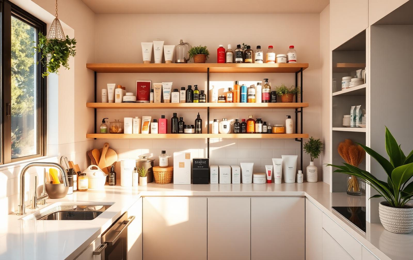 Home shelves displaying kitchen wear, beauty and personal care products in warm daylight